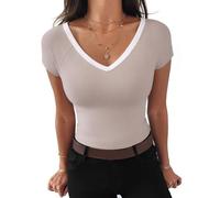 Aottori Camiseta Mujer Verano Manga Corta Cuello V Top Canalé Elástico Slim Fit Color Block Básico Elegante Casual Cómoda Ligera para Uso Diario Salida Albaricoque L