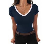 Aottori Camiseta Mujer Verano Manga Corta Cuello V Top Canalé Elástico Slim Fit Color Block Básico Elegante Casual Cómoda Ligera para Uso Diario Salida Azul Marino L