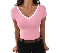 Aottori Camiseta Mujer Verano Manga Corta Cuello V Top Canalé Elástico Slim Fit Color Block Básico Elegante Casual Cómoda Ligera para Uso Diario Salida Rosa L