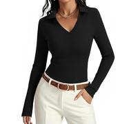 Aottori Camiseta Polo Mujer Manga Larga Slim Fit Cuello V Elegante Básico Elástica Cómoda Ropa Casual Oficina Tops Ligeros de Punto para Primavera Otoño Negro S