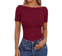 Aottori Camiseta Verano Mujer Acanalada Manga Corta Básica Camiseta Cuello Barco Ajustada Estirada Capa Base Ligera Sólida Top Tunica Casual Rojo Vino S