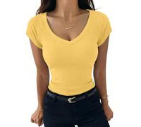 Aottori Camiseta Verano Mujer Manga Corta Cuello V Camisetas Elegante de Punto Básico Blusas Tops Elástico Ajustado Sólido Casual Túnica Amarillo Puro L