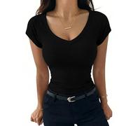 Aottori Camiseta Verano Mujer Manga Corta Cuello V Camisetas Elegante de Punto Básico Blusas Tops Elástico Ajustado Sólido Casual Túnica Negro Puro L