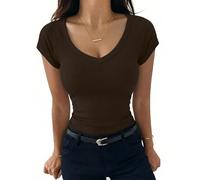 Aottori Camiseta Verano Mujer Manga Corta Cuello V Camisetas Elegante de Punto Básico Blusas Tops Elástico Ajustado Sólido Casual Túnica Marrón Puro L