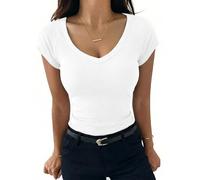 Aottori Camiseta Verano Mujer Manga Corta Cuello V Camisetas Elegante de Punto Básico Blusas Tops Elástico Ajustado Sólido Casual Túnica Blanco Puro L