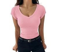Aottori Camiseta Verano Mujer Manga Corta Cuello V Camisetas Elegante de Punto Básico Blusas Tops Elástico Ajustado Sólido Casual Túnica Rosa Puro L