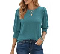Aottori Camisetas Básicas Mujer Verano 3/4 Manga Tops Casual Cuello Redondo Blusas tee Shirts Sólido Ligero Elegante Pullover Camiseta Azul M