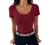 Aottori Camisetas Manga Corta Mujer Verano Cuello Redondo T Shirt Básica Acanalado Blusas tee Shirts Elegante Elástico Sólido Ligero Casual Túnica Tops Vino Tinto XL