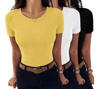Aottori Camisetas Mujer Pack 3 Camisetas Acanaladas Verano Cuello Redondo Manga Corta Camiseta Lisa Elástica Ajustada Top Básico Casual Jersey Túnica Negro+Blanco+Amarillo L
