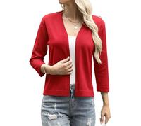 Aottori Cárdigan Mujer 3/4 Manga Bolero Cardigan Chaqueta de Punto Ligero Elegante Frente Abierto Casual Sólido Básico Abrigo Top Rojo L