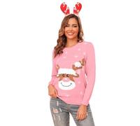 Aottori Jersey Navidad Mujer Hombre Suéter Navideño Matching Manga Larga Pullover Punto Unisex Pareja Cuello Redondo Reno Copo Nieve Invierno Familia Mujer-Rosa L