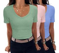 Aottori Pack de 3 Camisetas Mujer Cuello en V Manga Corta Verano Acanalado | Básica Tshirts, Elegante, de Punto, Elástico, Sólido, Ligero, Casual Top, Camiseta, Ropa Oficina Diario