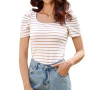 Aottori T-Shirt Raya Mujer Verano Manga Corta Básica Top Elegante Cuello Cuadrado Camisetas Algodón Ligero Casual Túnica Rosa S