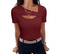 Aottori T-Shirt Verano Mujer Camiseta Manga Corta Básica Tops Cuello Redondo Elegante Camisetas de Punto Acanalado Ligero Casual Túnica Vino Tinto L