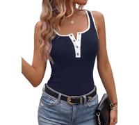 Aottori Top Mujer Verano Camiseta sin Mangas con Botones Cuello Cuadrado Tank Tops Basicas Costilla Slim Fit Sexy Tanktop Azul Marino S