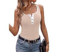 Aottori Top Mujer Verano Camiseta sin Mangas con Botones Cuello Cuadrado Tank Tops Basicas Costilla Slim Fit Sexy Tanktop Beige M