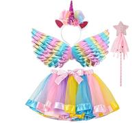 AOUVT 4 Pcs Disfraz Unicornio, Conjunto de Cosplay, Disfraces de Fiesta con Faldas para Niñas de 3 4 5 6 7 8 Años (Rosa)
