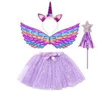 AOUVT 4 Pcs Disfraz Unicornio Niña，Conjunto de Cosplay de Unicornio，Disfraces de Fiesta de Unicornio，Faldas de Niña para Niñas de 3 a 8 Años