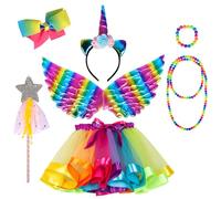 AOUVT 7 Pcs Disfraz Unicornio Niña, Conjunto de Cosplay de Unicornio, Varita Mágica, Pinza para el pelo con lazo, Disfraces de Fiesta de Unicornio, Faldas de Niña para Niñas de 3 a 8 Años