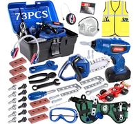 AOUVT 73 Pcs Juego de Herramientas - Caja con Taladro, Motosierra, Destornillador y Coche de Carreras Montado - para Niños - Apto para Mayores de 3 Años
