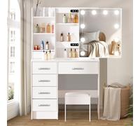 Aovquof Tocador con Iluminación LED Hollywood, Espejo y Taburete, 6 Cajones y 3 Compartimentos Abiertos, Moderno Blanco para Dormitorio