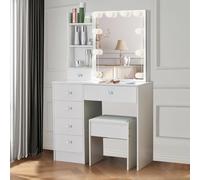 Aovquof Tocador con luces LED Hollywood, espejo iluminado, 6 cajones, 3 compartimentos abiertos, color blanco, moderno, con mango de cristal