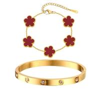 AOWVUTS 2 Piezas Pulsera Oro Mujer Chapado en oro de 18 Quilates Pulsera de Trébol de la Suerte Ajustable Brazalete con Diamantes Conjunto de 2 pulseras de Cinco Hojas Acero Inoxidable Regalo (Rojo)