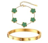 AOWVUTS 2 Piezas Pulsera Oro Mujer Chapado en oro de 18 Quilates Pulsera de Trébol de la Suerte Ajustable Brazalete con Diamantes Conjunto de 2 pulseras de Cinco Hojas Acero Inoxidable Regalo (Verde)