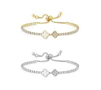AOWVUTS 2 Piezas Pulsera Trébol para Mujer Pulsera 4 Hoja Trébol Plata y Oro con Circonita Cúbica Pulsera de Tenis Ajustable Pulseras de Hojas de La Suerte Regalo de Joyería para Mujer Niñas