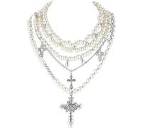 AOWVUTS 3 Piezas Collar para Mujer Juego de Collar Largo de Perlas de Imitación Collar con Colgante Cruz Gótica Collar Ajustable Retro Gargantilla Apilable Plata Joyas Regalos