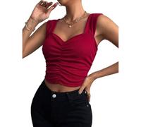 AOWVUTS Camiseta sin Mangas para Mujer Camisola con Cuello en V Crop Top Plisado Verano Sexy Tank Tops sin Vientre Básica Top Corte Entallado para Cócteles Moda Casual Streetwear