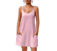 AOWVUTS Camisón de Mujer Casual sin Manga Camisones Verano Cuello Redondo Camisón con Bolsillos Tirantes Ajustable Ropa de Dormir Sexy Vestido Ligero y Suave para Hogar