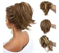 AOWVUTS Coleta Postiza con Pinza Corto Liso Cola de Caballo Extensión de Pelo Natural Sintético Postizo Rizado Ondulado Clip de Garra Ponytail Extensiones para Mujeres