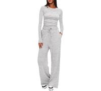 AOWVUTS Conjunto Chándal Dos Piezas Mujer Casual Top Manga Larga y Pantalones Pierna Ancha con Bolsillos y Cordón Loungewear Conjunto Deportivo de Pijama para Jogging Fitness Yoga Oficina Casa