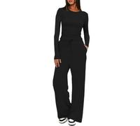 AOWVUTS Conjunto Chándal Dos Piezas Mujer Casual Top Manga Larga y Pantalones Pierna Ancha con Bolsillos y Cordón Loungewear Conjunto Deportivo de Pijama para Jogging Fitness Yoga Oficina Casa