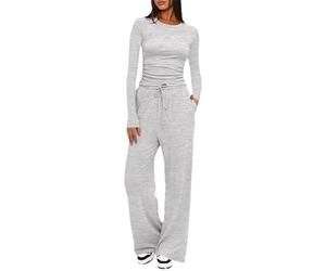 AOWVUTS Conjunto Chándal Dos Piezas Mujer Casual Top Manga Larga y Pantalones Pierna Ancha con Bolsillos y Cordón Loungewear Conjunto Deportivo de Pijama para Jogging Fitness Yoga Oficina Casa