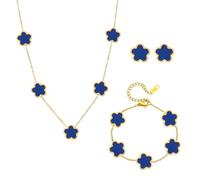 AOWVUTS Conjunto de Joyas Trébol Cuatro Hojas para Mujer 18K Oro Plateado Acero Inoxidable Flor Colgante Collar Pendientes Pulsera Hojas de La Suerte Juego de Joyas para Madres Novias Regalo (Azul)