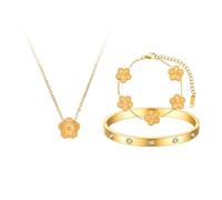 AOWVUTS Conjunto de Joyas Trébol Cuatro Hojas para Mujer y Niñas 18K Oro Plateado Acero Inoxidable Flor Trébol Collar con Colgante Ajustable Pulsera Brazalete con Diamantes Juego de Joyas Regalo (C)