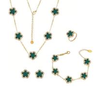 AOWVUTS Conjunto de Joyas Trébol Cuatro Hojas para Mujer y Niñas 18K Oro Plateado Flor Trébol Collar Pendientes Pulsera Anillo Acero Inoxidable Juego de Joyas con Zirconia Regalos para Fiesta Boda