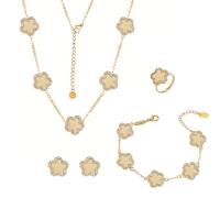 AOWVUTS Conjunto de Joyas Trébol Cuatro Hojas para Mujer y Niñas 18K Oro Plateado Flor Trébol Collar Pendientes Pulsera Anillo Acero Inoxidable Juego de Joyas con Zirconia Regalos para Fiesta Boda