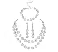 AOWVUTS Conjunto de Joyería Nupcial de Plata, Collar de Diamantes Brillantes Pendientes Colgante Cristal Pulsera Ajustable Juegos de Joyas Circonia Flores para Boda Novia Dama de Honor