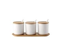 AOWVUTS Juego de 3 Azucarero Saleros de Cocina de Cerámica Azúcar Pot con Tapa de Bambú y Cuchara Botes para Especias Tarros de Almacenamiento Cocina Reastaurant (Blanco)