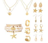 AOWVUTS Juego de Joyas de 17 Piezas para Mujer Conjunto Bisutería con Forma de Estrella de Mar y Concha Chapados en Oro Collar en Capas Perla Pendientes Pulsera Anillos para Vacaciones Junto Al Mar