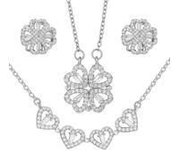 AOWVUTS Juego de Joyas Trébol de Cuatro Hojas, Conjunto de Joyas 2 en 1 Trébol 4 Hojas de la Suerte, Collar con Colgante Magnético Corazón y Pendientes, Juegos de Joyas Circonitas (plata)