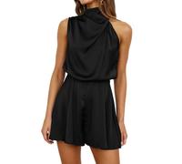 AOWVUTS Mono Corto Mujer de Verano Mono de Una Pieza sin Mangas de Satén Elegante Jumpsuit Pantalones de Cuello Alto Petos Monos Sueltos Ropa de Playa Playsuit