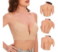 AOWVUTS Sujetador sin Espalda para Mujer Sujetador sin Aros Push up Sujetador sin Costuras Cuello V Sujetador Invisible Espalda Baja en Forma de U con Multi-Wear Tirantes Regulables