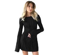 AOWVUTS Vestido Corto Manga Larga Mujer Mini Sexy Casual Cuello Redondo Ajustado Elegante Otoño Invierno Negro para Cóctel Club Fiesta