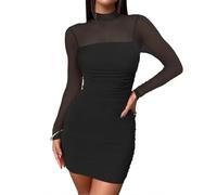 AOWVUTS Vestido Corto Manga Larga Mujer Sexy Vestido de Fiesta Bodycon Elegante Mini Vestidos Cuello Alto Hip-Hugging Slim Fit Elástico Vestidos para Cóctel Fiesta Party Club Bar Otoño Invierno