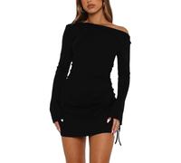 AOWVUTS Vestido Corto para Mujer Manga Larga Sexy Mini Vestido Un Hombro Elegante Vestidos Ajustado Fruncido Wrap Vestidos de Fiesta Abertura Bodycon con Cordón para Cóctel Club Noche Otoño Invierno