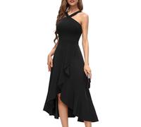 AOWVUTS Vestido de Cóctel Halter para Mujer Vestido Formal de Dama de Honor Elegante Vestidi Maxi Sin Mangas con Abertura Volantes Vestidos A-línea Vestidos Largo Hi-Lo para Fiesta de Noche Club